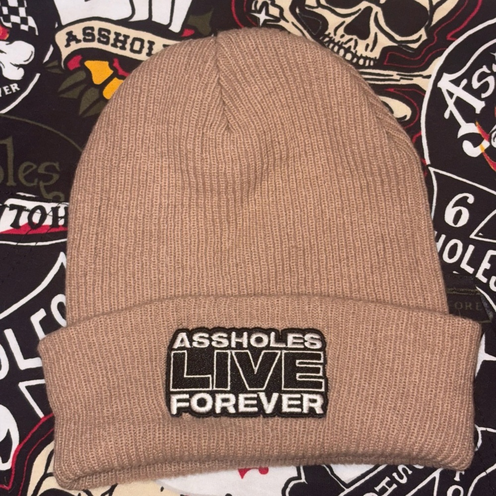 ALF A$$HOLES LIVE FOREVER Khaki Tan Knit Beanie Hat with patch O/S